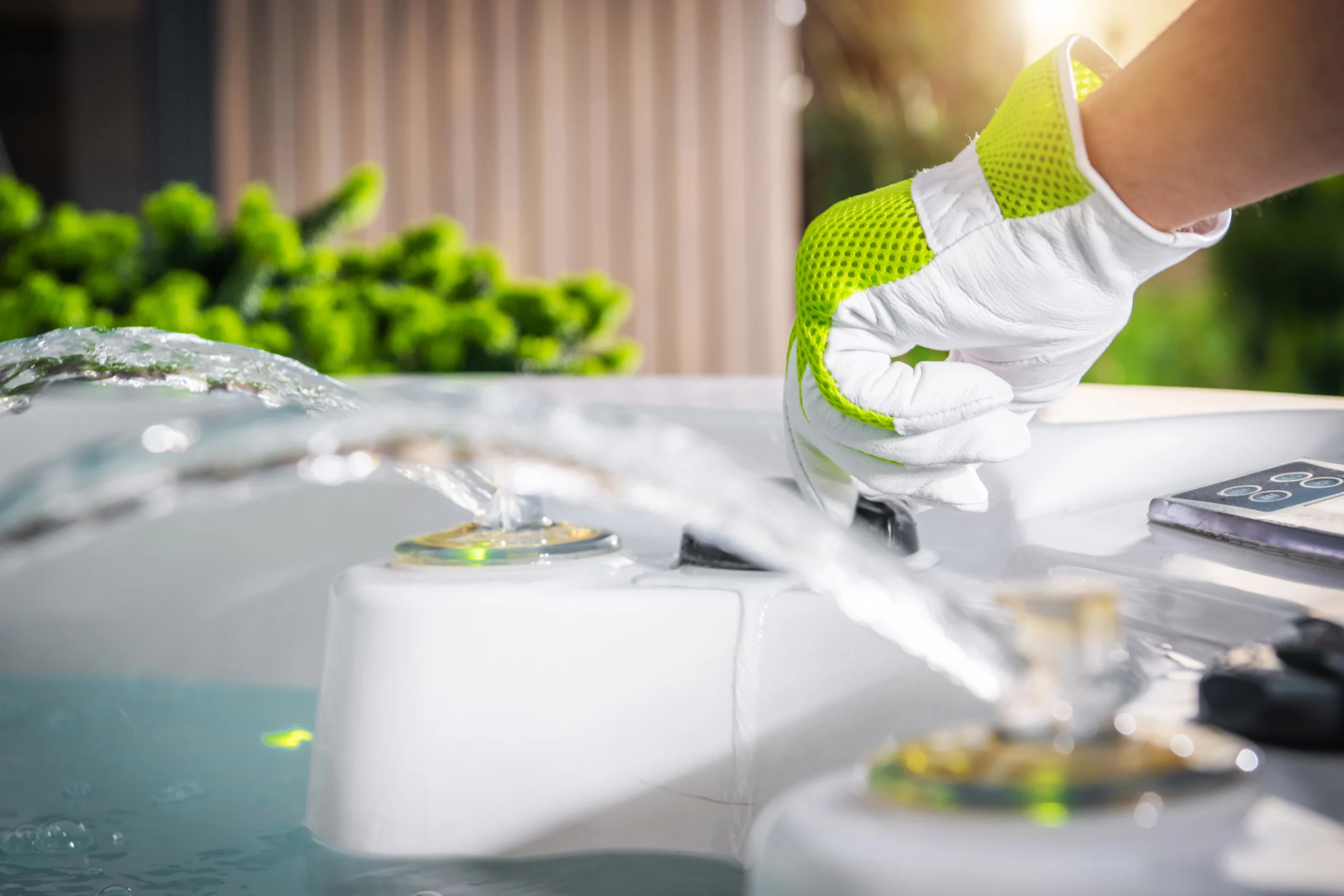 A high-gloss white hot tub shell after a professional deep clean and scale removal treatment.