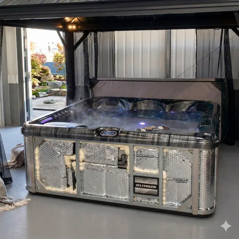 Professional hot tub insulation upgrade featuring premium foil layers and foam for energy efficiency.