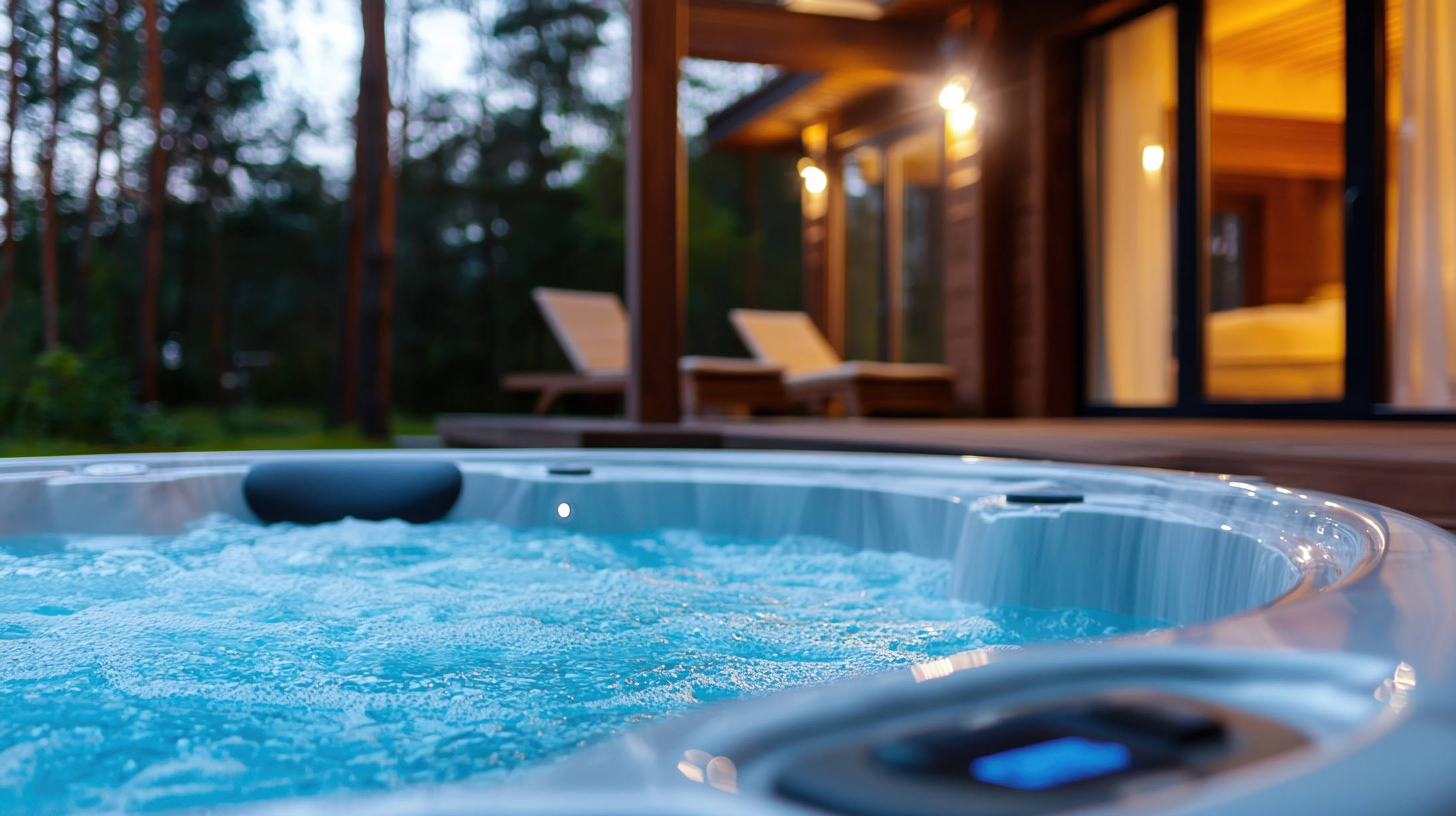 A luxury hot tub at dusk outside a modern holiday accommodation with scenic outdoor seating.