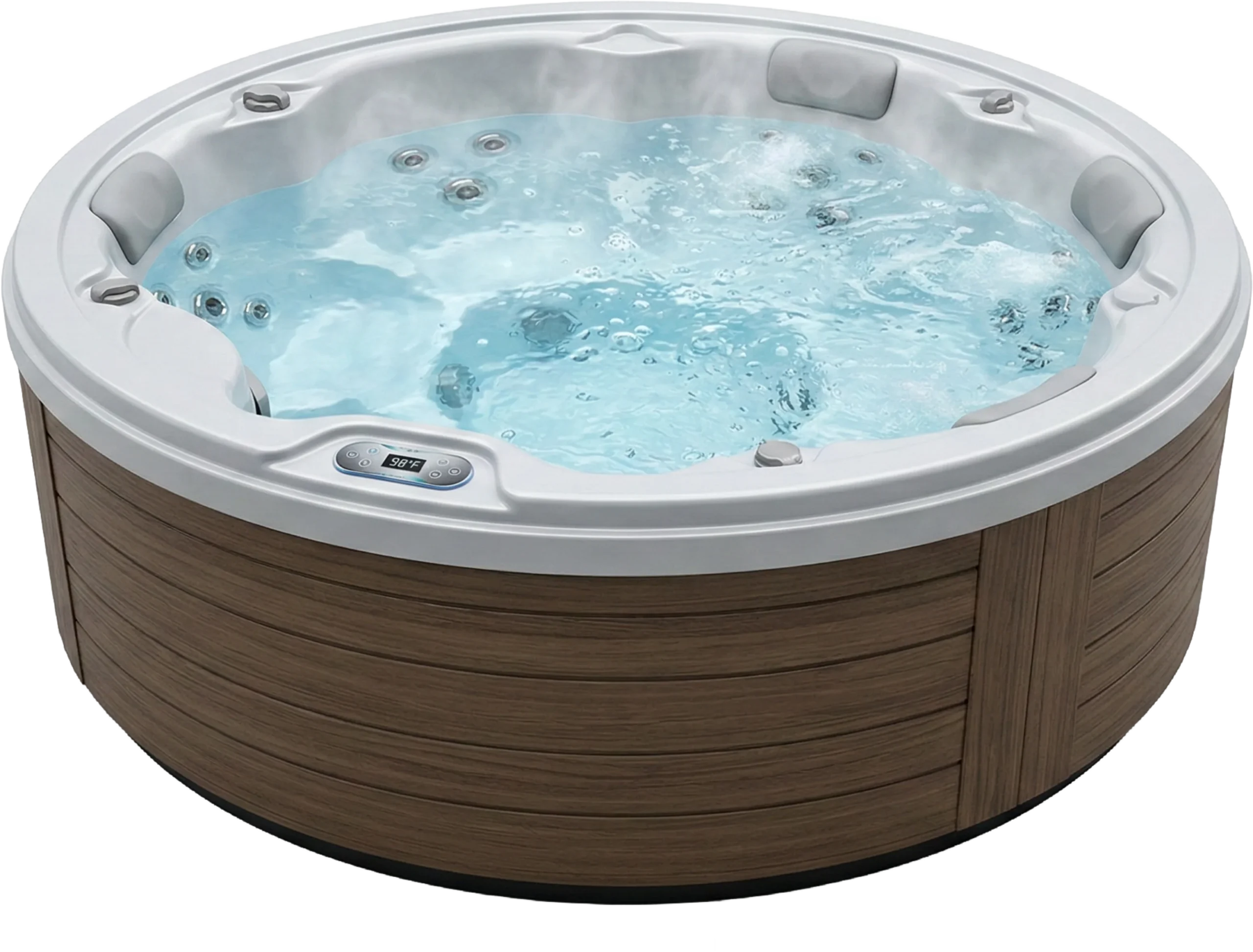 A circular high-performance hot tub with active jets and internal lighting at 98°F.